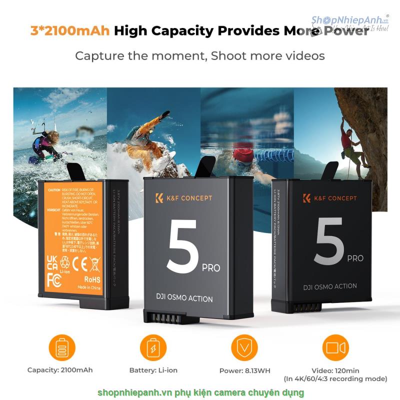 thumbnail Combo 3 pin 1 sạc K&F concept for DJI Osmo Action 5 Pro/4/3 camera 2100mah - 0