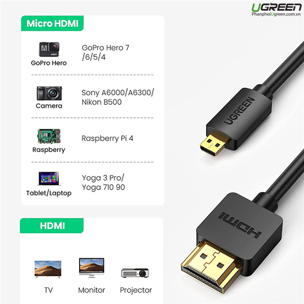 thumbnail Dây Micro HDMI to HDMI 3M Ugreen 30104 - 1