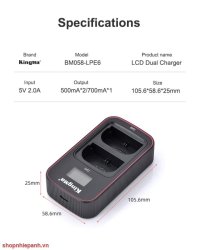 thumbnail Combo 2 pin 1 sạc Kingma LCD BM058 for Canon LP-E6 E6N E6NH canon EOS R6 R5 R 5DIV 5DIII 5DII 90D 80D 70D 60D - 3