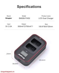 thumbnail Combo 2 pin 1 sạc Kingma LCD BM058 for Sony NP-FW50 Sony ZV-E10 A7 II, A6100, A6400, DSC-RX10 IV, DSC-RX10 II, RX10 III, Alpha 7, Alpha 7R, a7, a7R, A7s, A7s II, a3000 a5000 a6000 a6300 a6500 - 4