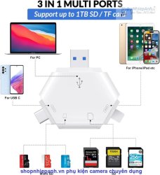 thumbnail Đầu đọc thẻ đa năng OTG 3 in 1  (USB-A, USB-C, Lightning) - 1