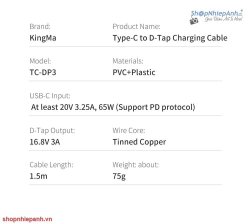 thumbnail Dây sạc Kingma TC-DP3 Type-C to D-Tap dùng sạc pin V mount - 6