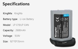 thumbnail Pin Kingma for Canon LP-E19 LP-E4N 2600mah  EOS 1DX 1DX II 1DX III, EOS R3, EOS 1 III, 1Ds III, EOS 1D IV, EOS 1Ds  IV, EOS-1D C, 1D, 1Ds